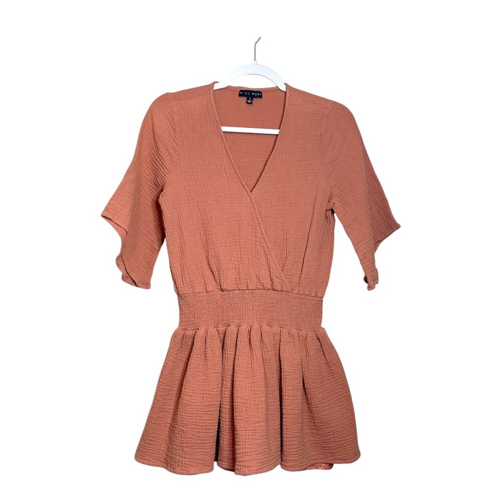 Miou Muse V Neck 3/4 Sleeve Mini Dress Women S Peach Orange‎ Lined Boho Cinched